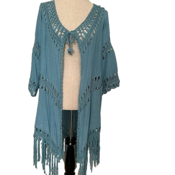 Jen & Co. Open Front Duster with Tie Crochet Details and Fringe - Picture 1 of 8